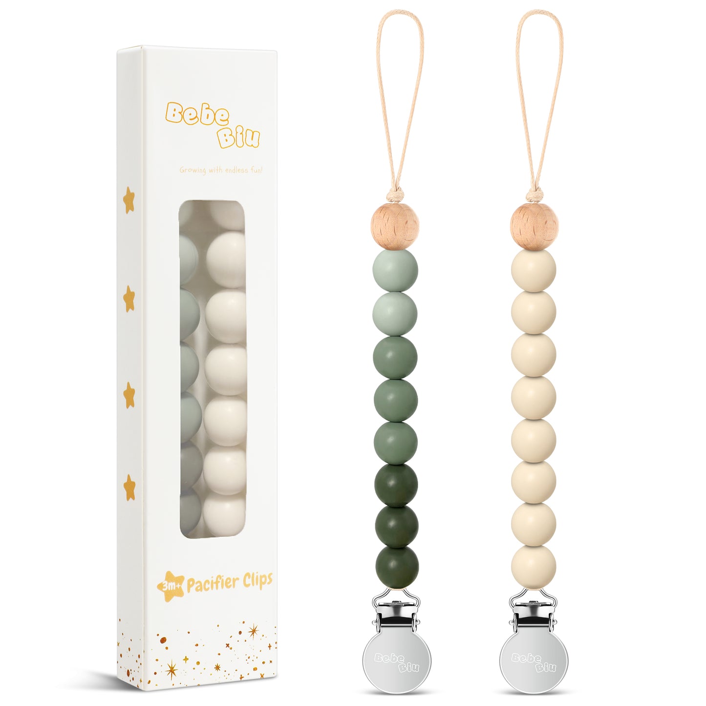 2 Pack Pacifier Clips, Silicone Pacifier Clip (Olive/Cream)