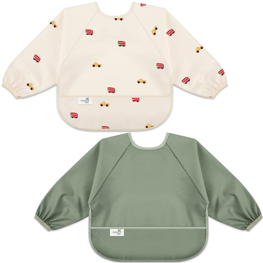 Long Sleeve Baby Bib (Cars Sage, Small 6-24 Months)