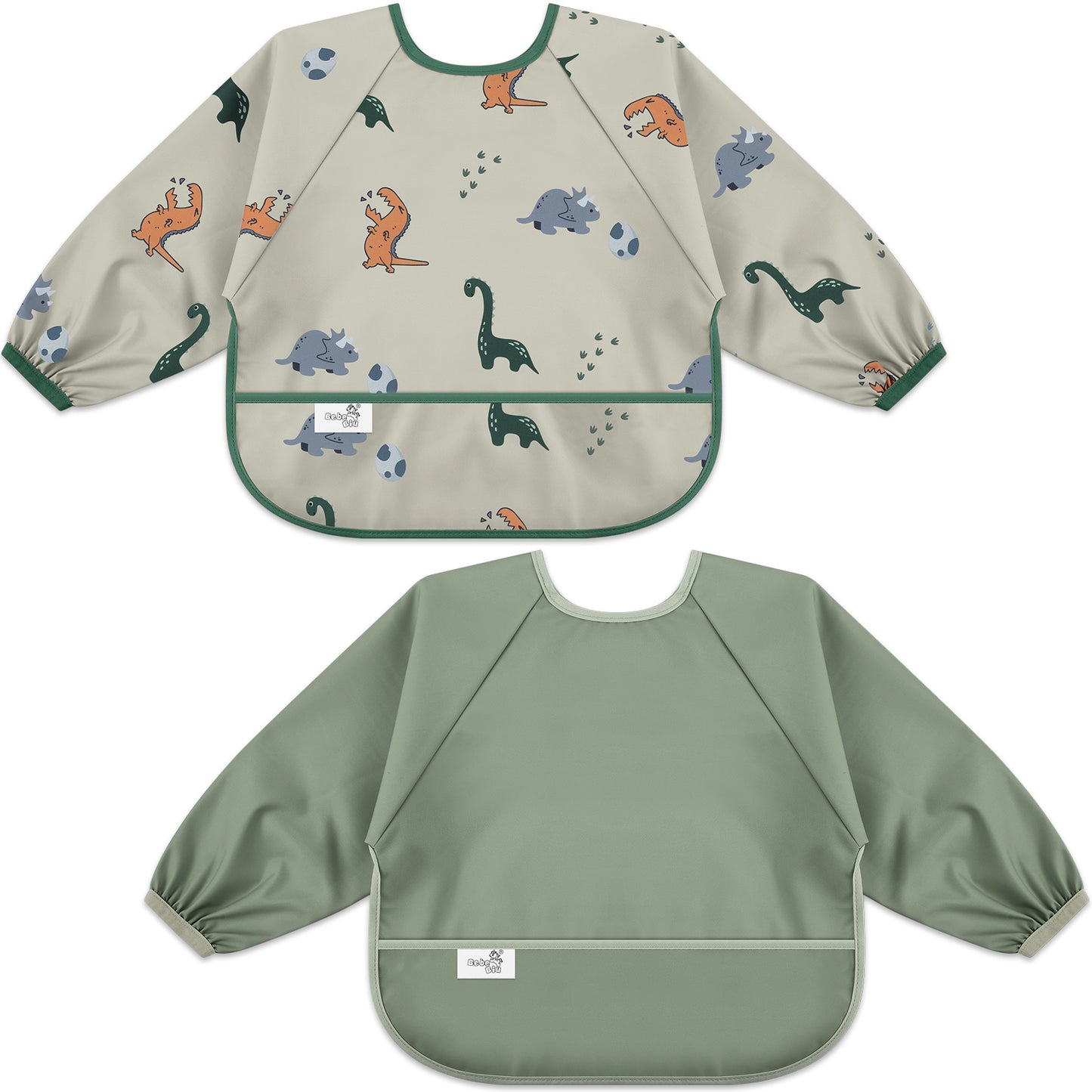 Long Sleeve Baby Bib (Dino Sage, Small 6-24 Months)